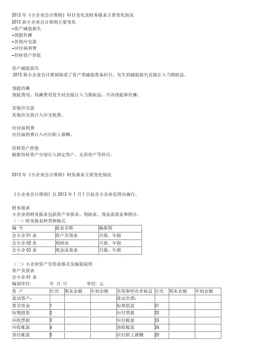 13版 小企业会计准则 财务报表详细变化说明