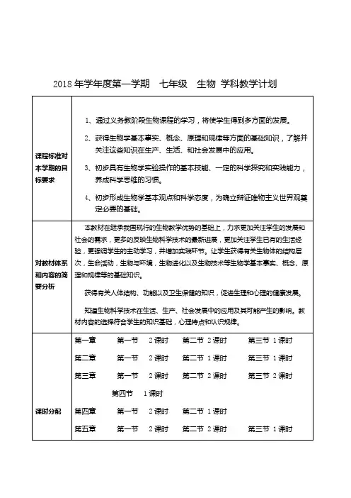 2018年学年度第一学期  七年级  生物 学科教学计划