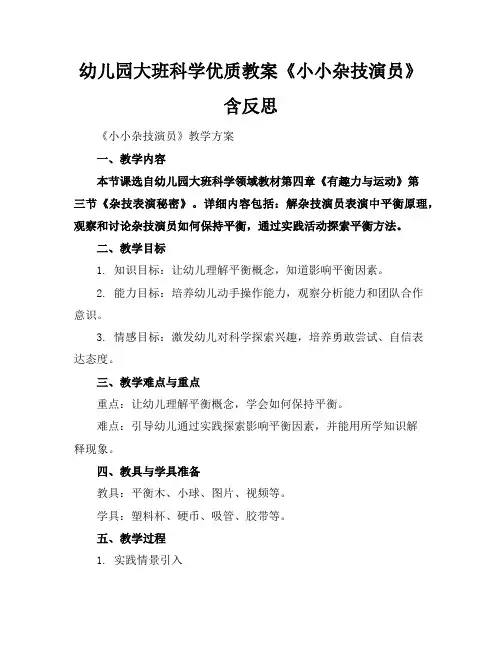 幼儿园大班科学优质教案《小小杂技演员》含反思