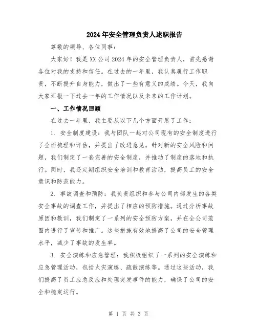 2024年安全管理负责人述职报告