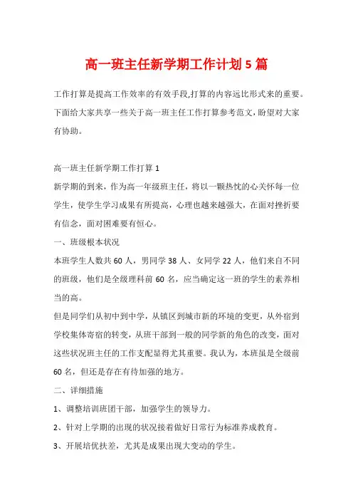 高一班主任新学期工作计划5篇