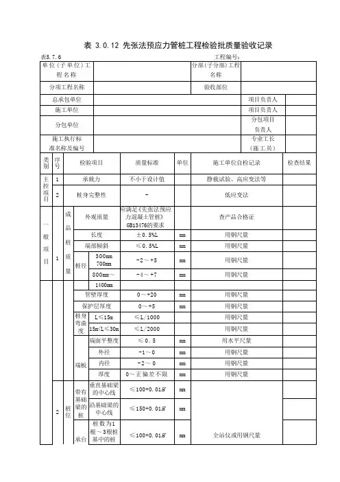 表 3.0.12 先张法预应力管桩工程检验批质量验收记录(DL T5210.1-2021))