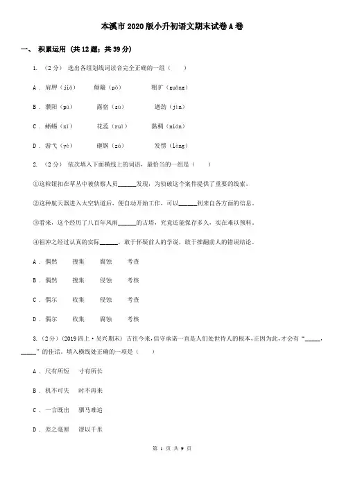 本溪市2020版小升初语文期末试卷A卷(新版)
