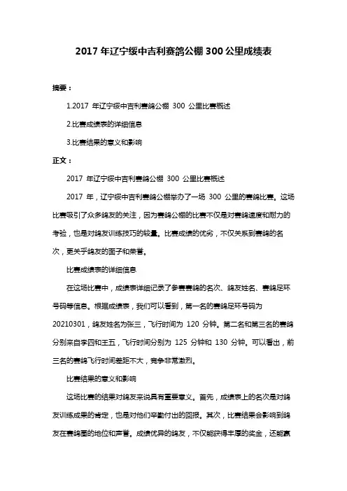 2017年辽宁绥中吉利赛鸽公棚300公里成绩表
