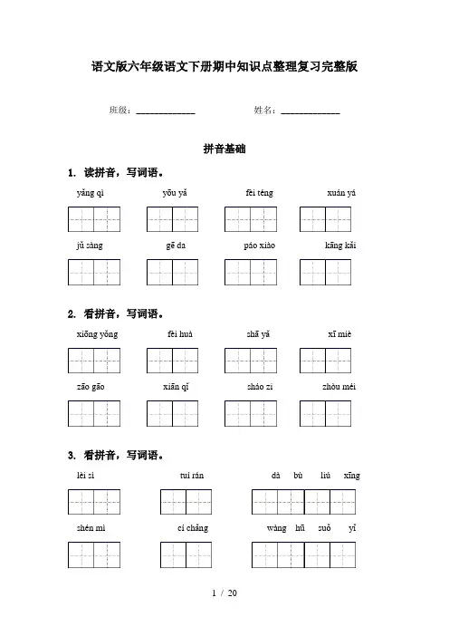 语文版六年级语文下册期中知识点整理复习完整版