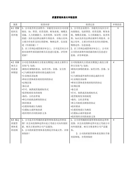最新ISO9001：2015内审检查表