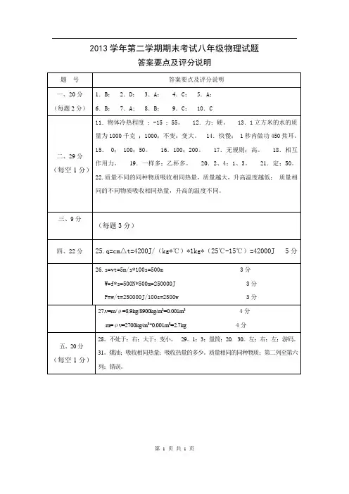 2013学年第二学期期末考试八年级物理试题答案