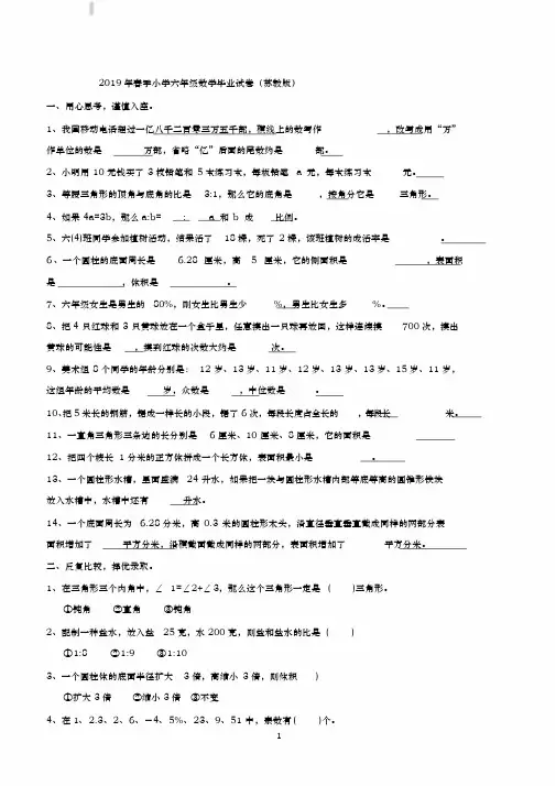 2019年小学六年级小升初数学毕业模拟试卷附参考答案