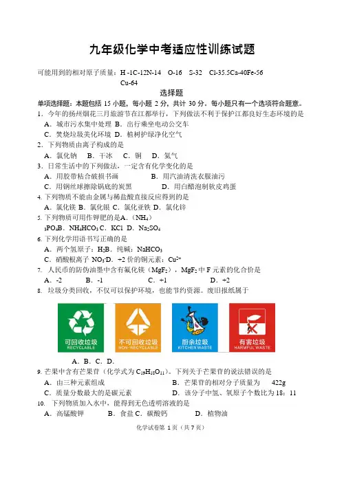 (完整版)2019年扬州市中考化学模拟试卷及答案(可编辑修改word版)