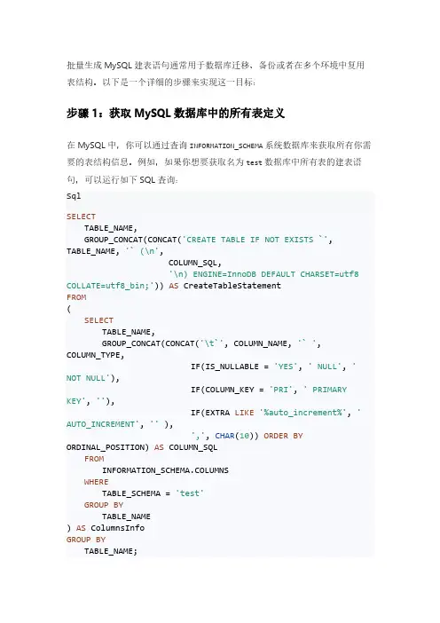 使用sql批量生产mysql建表语句