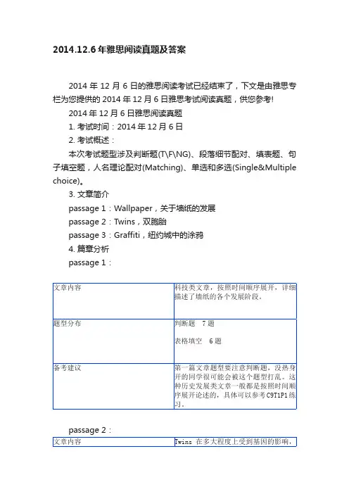 2014.12.6年雅思阅读真题及答案