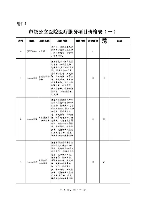 级公立医院医疗服务项目价格表一