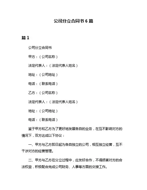公司分立合同书6篇