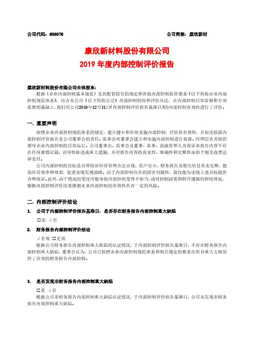康欣新材：2019年度内部控制评价报告