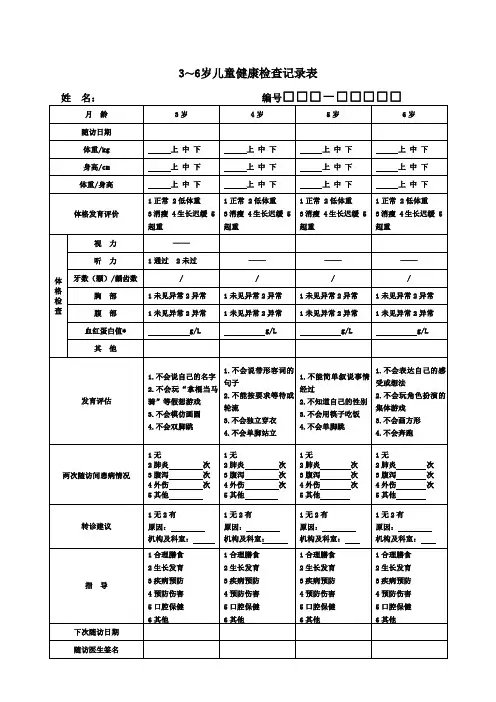 3-6岁儿童健康体检表