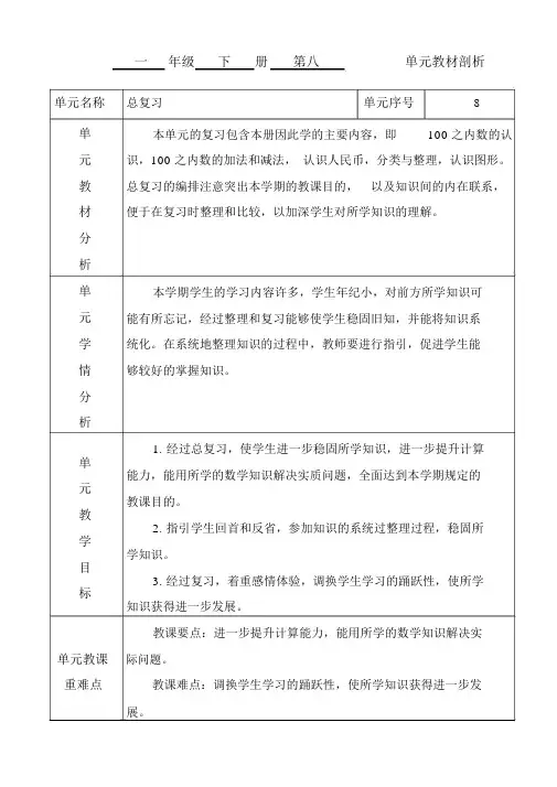 人教数学一年级下册第八单元总复习教案