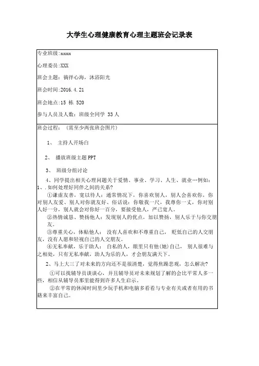 大学生心理健康教育心理主题班会记录表