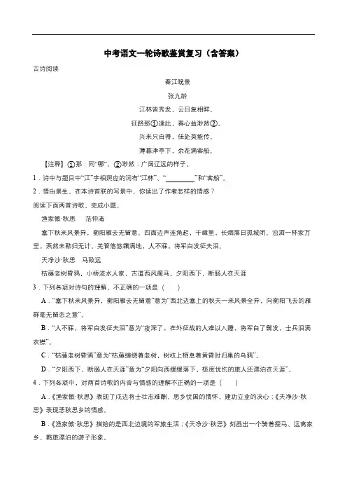 中考语文一轮诗歌鉴赏复习(含答案)