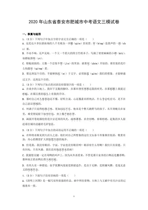 2020年山东省泰安市肥城市中考语文三模试卷