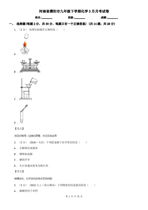 河南省濮阳市九年级下学期化学3月月考试卷