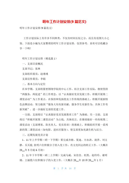 明年工作计划安排(9篇范文)