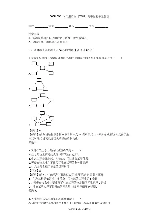 2023-2024学年高中生物浙科版(2019)选择性必修2第四章 人类与环境单元测试(含答案解析)