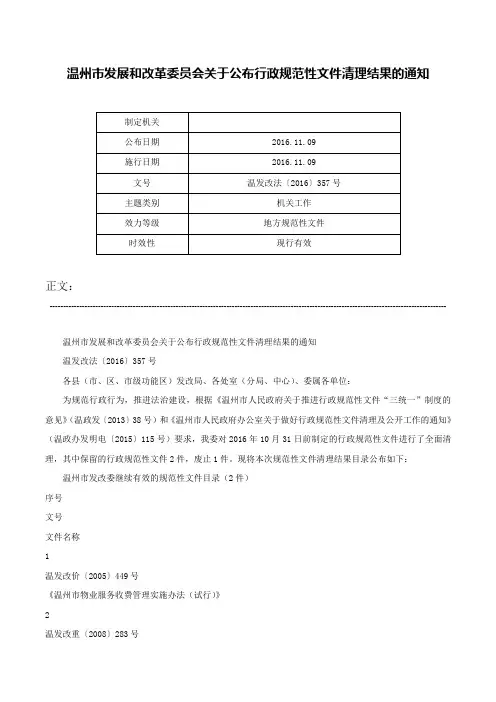 温州市发展和改革委员会关于公布行政规范性文件清理结果的通知-温发改法〔2016〕357号