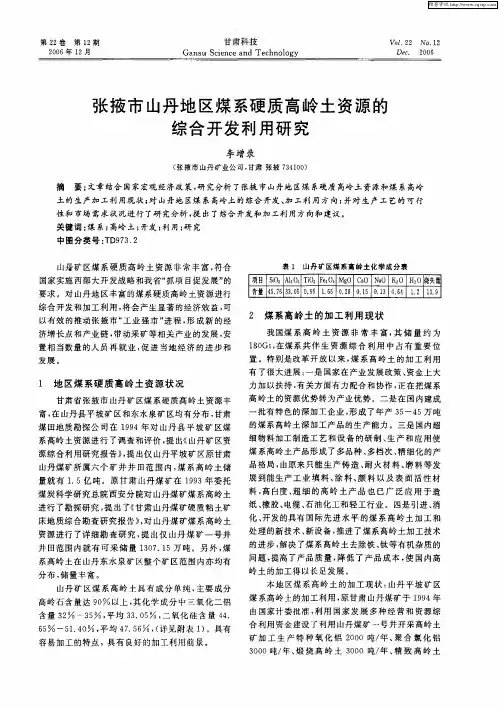 张掖市山丹地区煤系硬质高岭土资源的综合开发利用研究