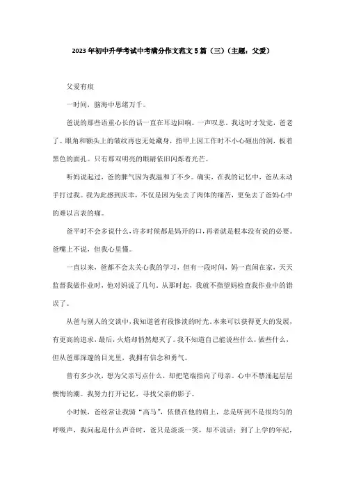 2023年人教版初中升学考试中考满分作文范文5篇(三)(主题：父爱)