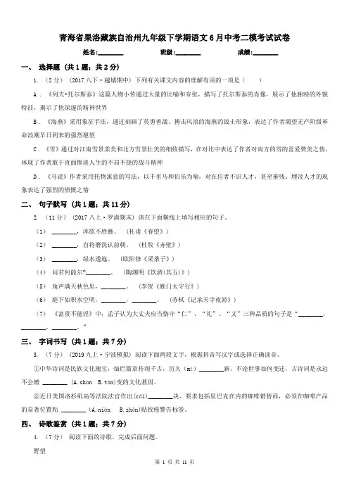 青海省果洛藏族自治州九年级下学期语文6月中考二模考试试卷