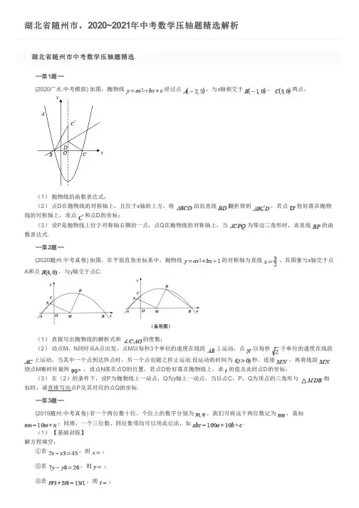 湖北省随州市,2020~2021年中考数学压轴题精选解析