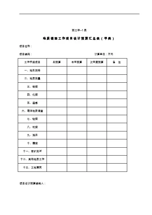 地质调查工作项目设计预算表(甲类预算)