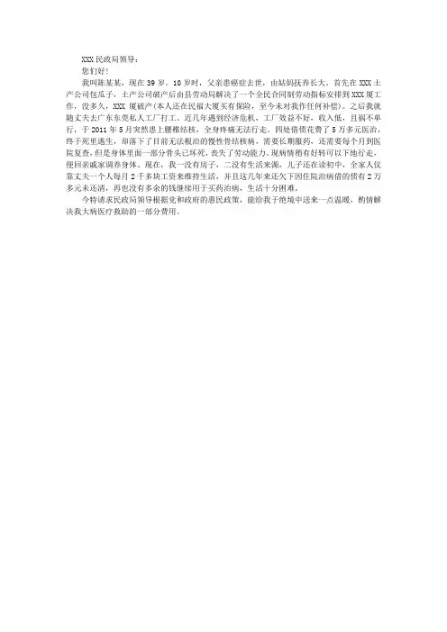大病医疗救助申请书