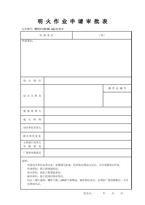 明 火 作 业 申 请 审 批 表