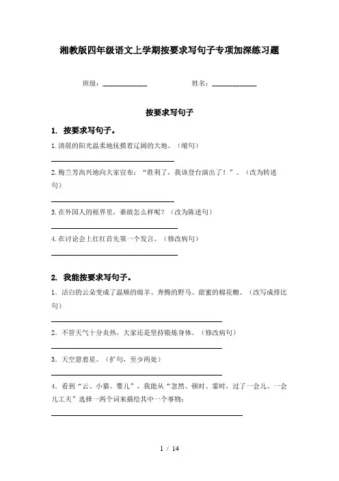 湘教版四年级语文上学期按要求写句子专项加深练习题