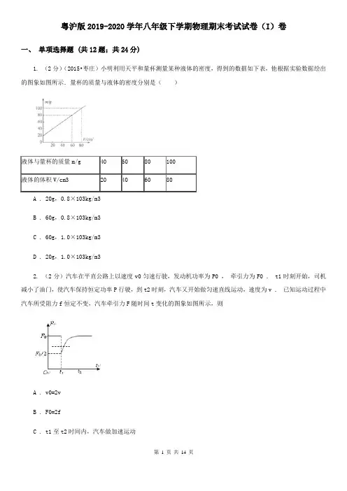粤沪版2019-2020学年八年级下学期物理期末考试试卷(I)卷