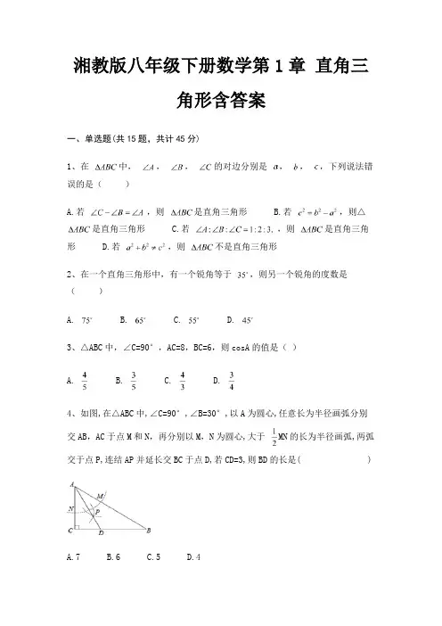 湘教版八年级下册数学第1章 直角三角形含答案