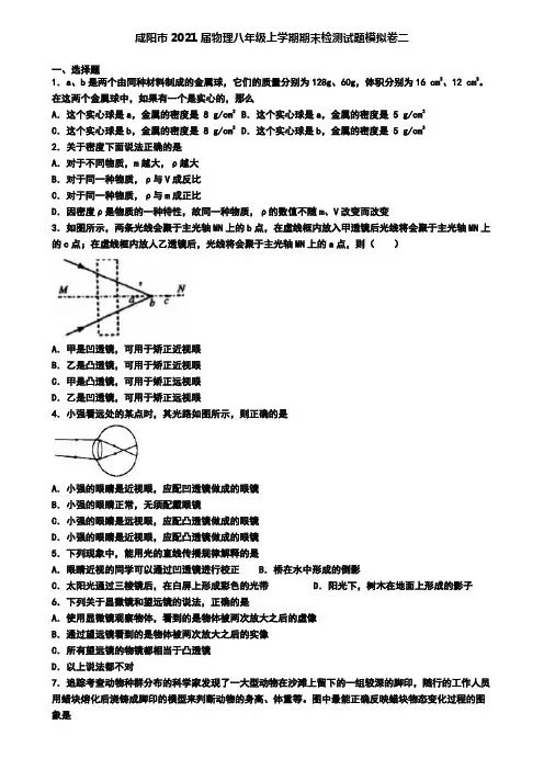 咸阳市2021届物理八年级上学期期末检测试题模拟卷二