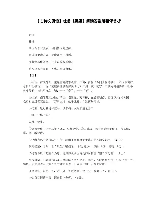【古诗文阅读】杜甫《野望》阅读答案附翻译赏析