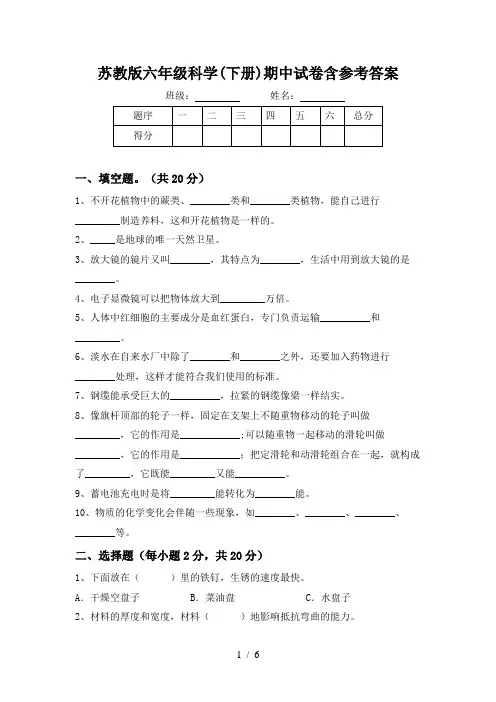 苏教版六年级科学(下册)期中试卷含参考答案