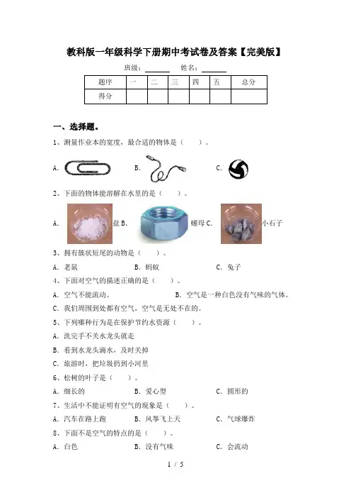 教科版一年级科学下册期中考试卷及答案【完美版】