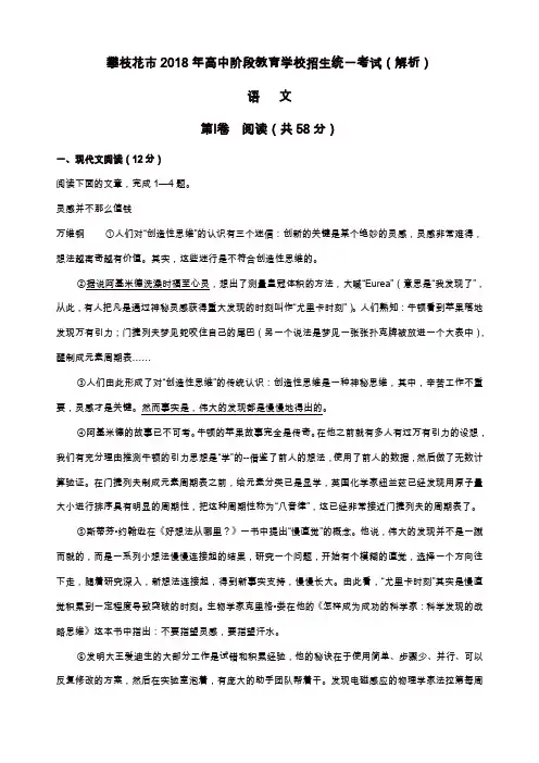 四川省攀枝花市2018年中考语文试题(含解析)