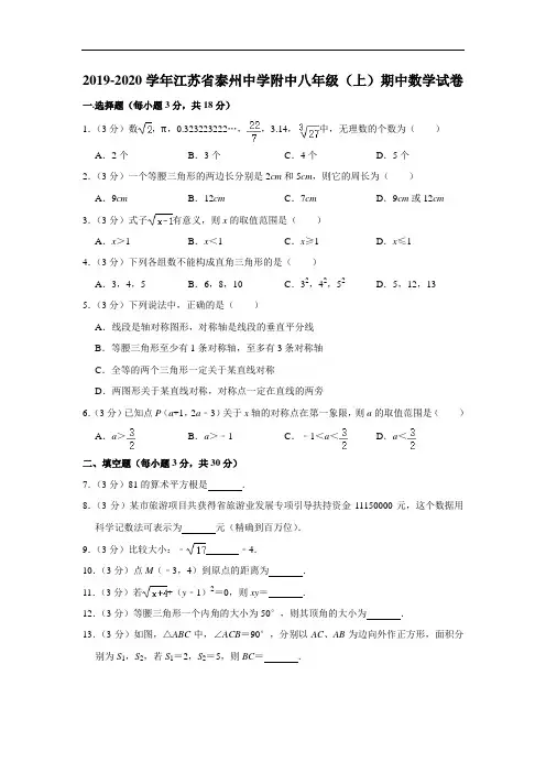 2019-2020学年江苏省泰州中学附中八年级(上)期中数学试卷  解析版