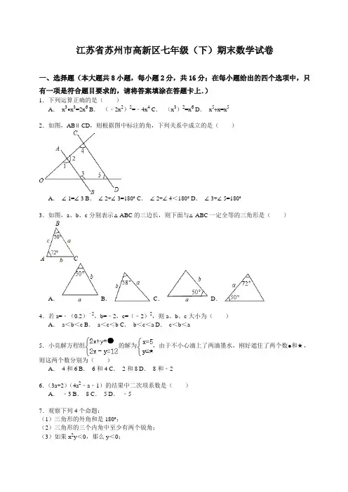 江苏省苏州市高新区七年级下册第二学期期末数学试卷解析【精校】.doc