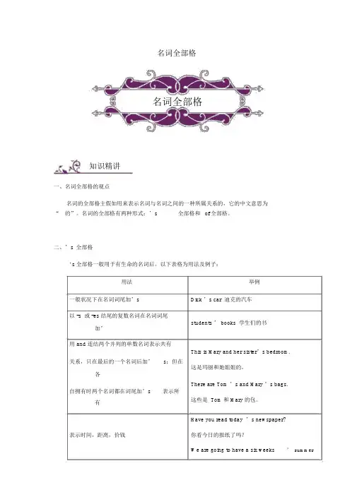 2019年中考英语语法专题讲练：名词所有格讲解附练习(含解析)
