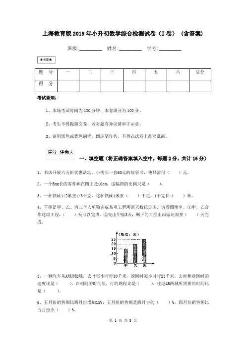 上海教育版2019年小升初数学综合检测试卷(I卷) (含答案)