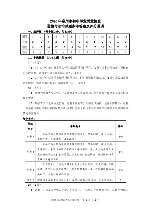 2020年福建省泉州市初中学业质量检查道德与法治试题参考答案及评分说明