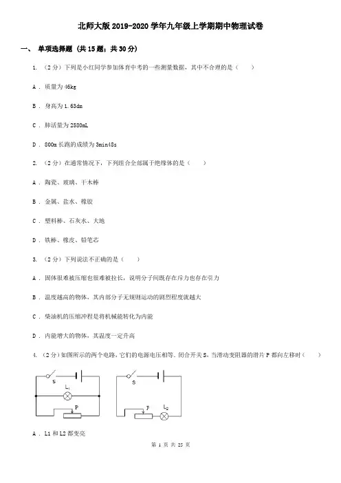 北师大版2019-2020学年九年级上学期期中物理试卷