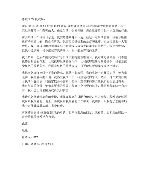 大病特病救助申请书模板