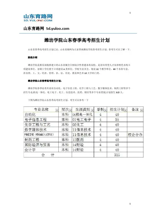 潍坊学院山东春季高考招生计划